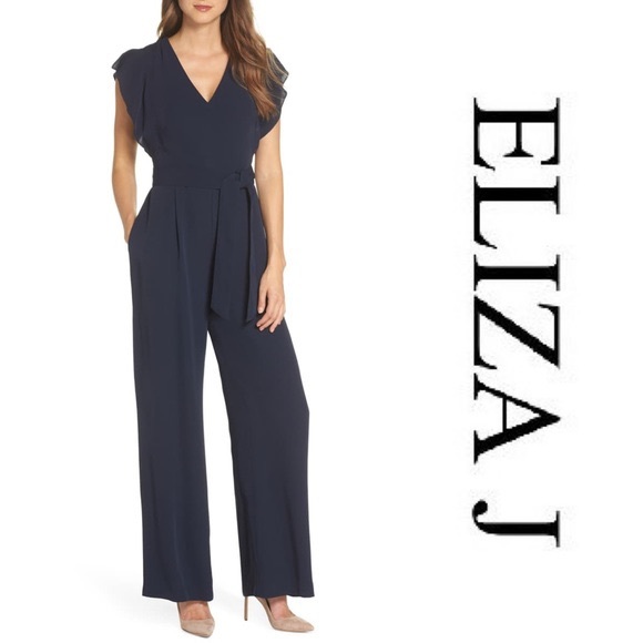 Eliza J Pants - NWT Eliza J Navy Ruffle V neck Jumpsuit